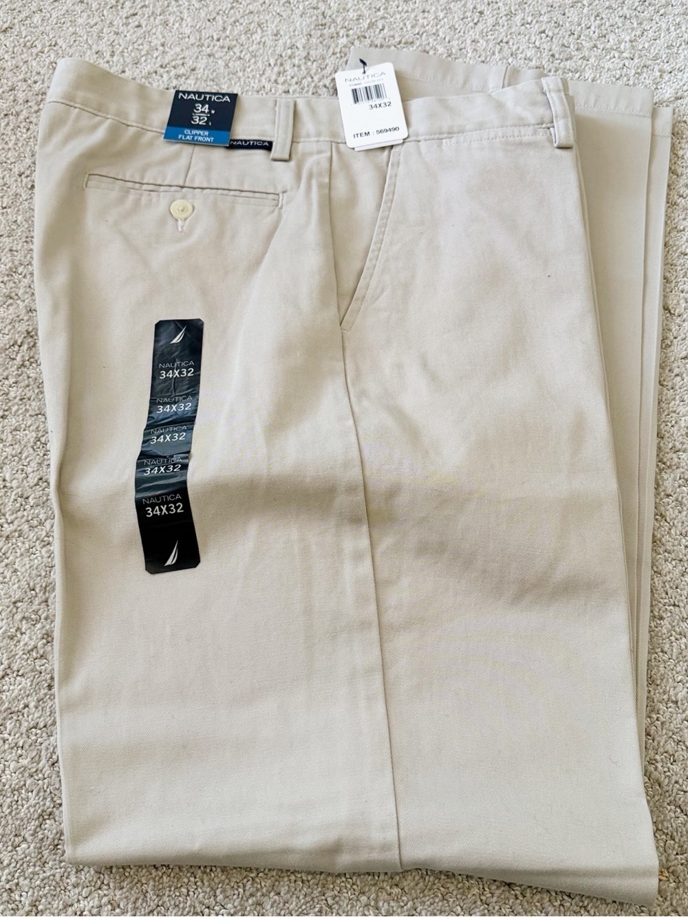 Nautica Mens Clipper Flat Front Khaki Pants 34x 32 Straight Leg Summer Boat